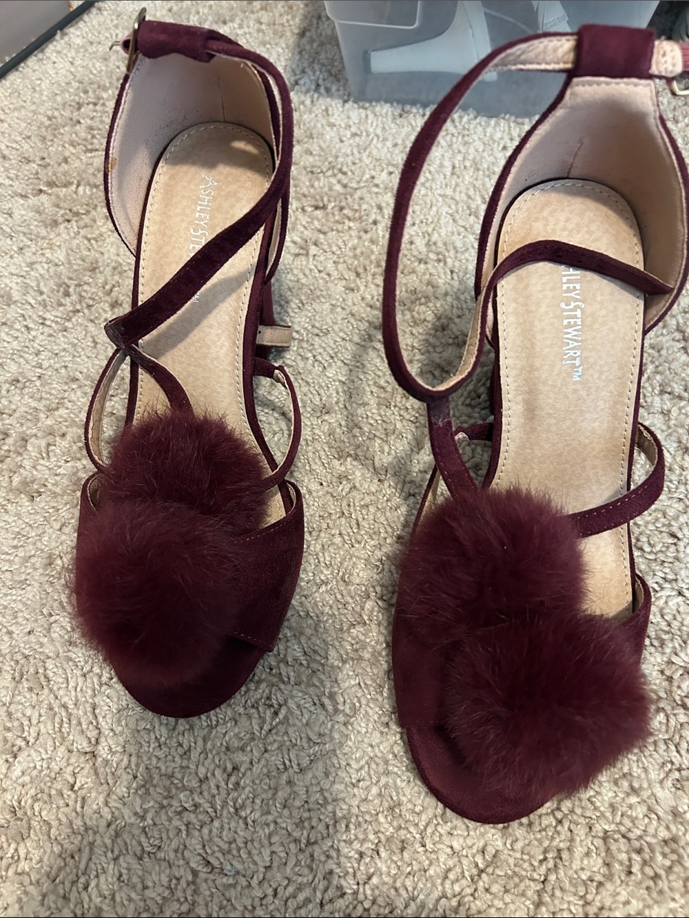 Ashley Stewart Wine Faux-Fur Pom-Pom Strappy Heels